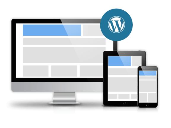 Smartphone, tablet en desktop met responsieve WordPress-website in verschillende schermformaten