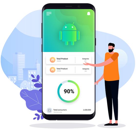 Hybrid app on smartphone with Apple App Store and Google Play Store