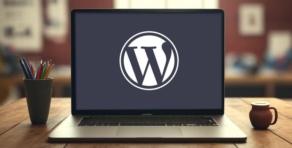 Laptop showing WordPress blog management interface with an article list.