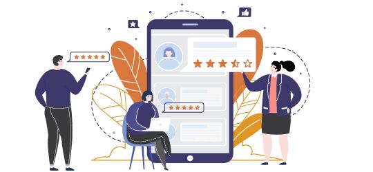 Een ondernemer kijkt zorgelijk naar een scherm met dalende sterren en negatieve feedback.