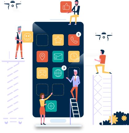 Wireframe van een Android-app met UI-elementen en navigatie.